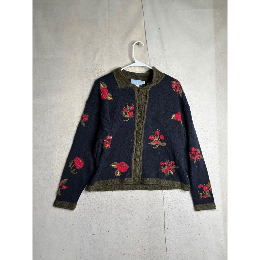Ciel Bleu Vintage Floral Embroidered Cardigan Sweater Navy Blue Mohair Blend S